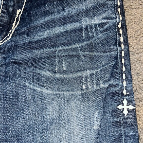 AFFLICTION 73 MMA JADE Top Stitched Denim Distressed Low Rise Flare Jeans EUC 27 - Picture 4 of 14